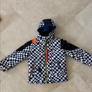 Obermeyer Checkered Hooded Snowboard Jacket, Ski Jacket, Snow Jacket. Size 7